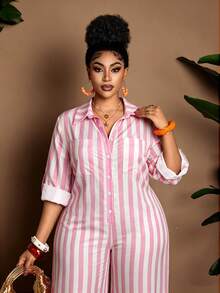 Maweii Plus Size Casual Striped Jumpsuit Fall - Multicolor - View 2