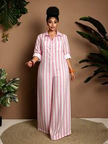 Maweii Plus Size Casual Striped Jumpsuit Fall - Multicolor - View 5