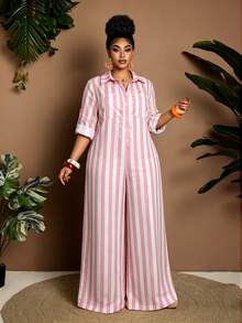 Maweii Plus Size Casual Striped Jumpsuit Fall - Multicolor - View 4