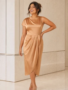 ELLERISSA Plus Size Champagne Satin Asymmetric Twist Pencil Dress Evening Wedding Summer Elegant - Orange - View 3