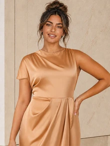 ELLERISSA Plus Size Champagne Satin Asymmetric Twist Pencil Dress Evening Wedding Summer Elegant - Orange - View 6