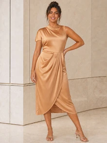 ELLERISSA Plus Size Champagne Satin Asymmetric Twist Pencil Dress Evening Wedding Summer Elegant - Orange - View 4