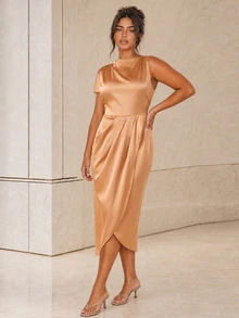 ELLERISSA Plus Size Champagne Satin Asymmetric Twist Pencil Dress Evening Wedding Summer Elegant - Orange - View 1