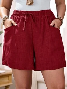 Rosumi Plus Size Women's Solid Color Pocket Red Shorts, Summer Vacation - Red - View 1