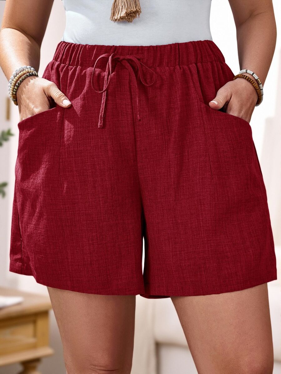 Rosumi Plus Size Women's Solid Color Pocket Red Shorts, Summer Vacation - Red - View 1