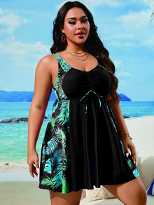 Swim Lushoire Plus Size Women's Solid Color Print Sleeveless Swim Dress For Simple Daily Wear Summer - Multicolor - View 6