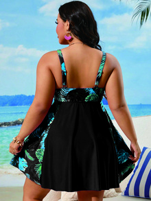 Swim Lushoire Plus Size Women's Solid Color Print Sleeveless Swim Dress For Simple Daily Wear Summer - Multicolor - View 3