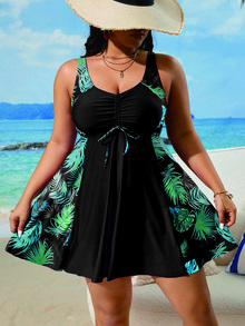 Swim Lushoire Plus Size Women's Solid Color Print Sleeveless Swim Dress For Simple Daily Wear Summer - Multicolor - View 4