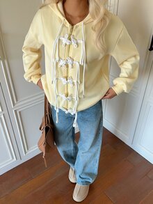 CovetEZ 女款休閒連帽衛衣，青蛙鈕扣裝飾，秋冬款 - 黃色 - 查看 9