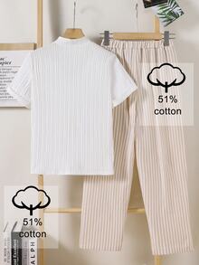 SHEIN 青少年男孩白色短袖襯衫與卡其色長褲套裝，適用日常、戶外、通勤、旅行、假期、婚禮、舞會與返校 - 卡其色 - 查看 2
