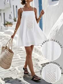 Vaclyn Women's Casual Vacation Solid Color Spaghetti Strap Mini Dress - White - View 5