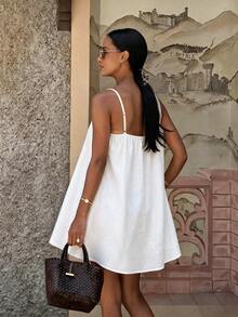 Vaclyn Women's Casual Vacation Solid Color Spaghetti Strap Mini Dress - White - View 2