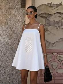 Vaclyn Women's Casual Vacation Solid Color Spaghetti Strap Mini Dress - White - View 3