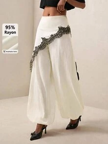 Briarwyn Women's Contrast Lace Loose Wide Leg Pants - Apricot - View 8