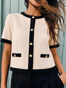 Briarwyn Jaket Kantor Wanita Kasual Elegan Serbaguna Kancing Ganda Warna Blok Warna Beige Musim Gugur - MultiWarna - View 1