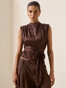 Briarwyn Vintage Coffee Color Stand Collar Pleated Sleeveless Top, Cinched Waist Draped Slimming Tank Top - Coffee Brown - View 7