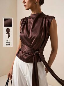 Briarwyn Vintage Coffee Color Stand Collar Pleated Sleeveless Top, Cinched Waist Draped Slimming Tank Top - Coffee Brown - View 8