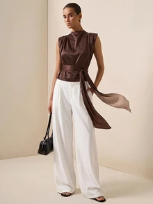 Briarwyn Vintage Coffee Color Stand Collar Pleated Sleeveless Top, Cinched Waist Draped Slimming Tank Top - Coffee Brown - View 4
