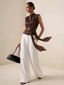 Briarwyn Vintage Coffee Color Stand Collar Pleated Sleeveless Top, Cinched Waist Draped Slimming Tank Top - Coffee Brown - View 3