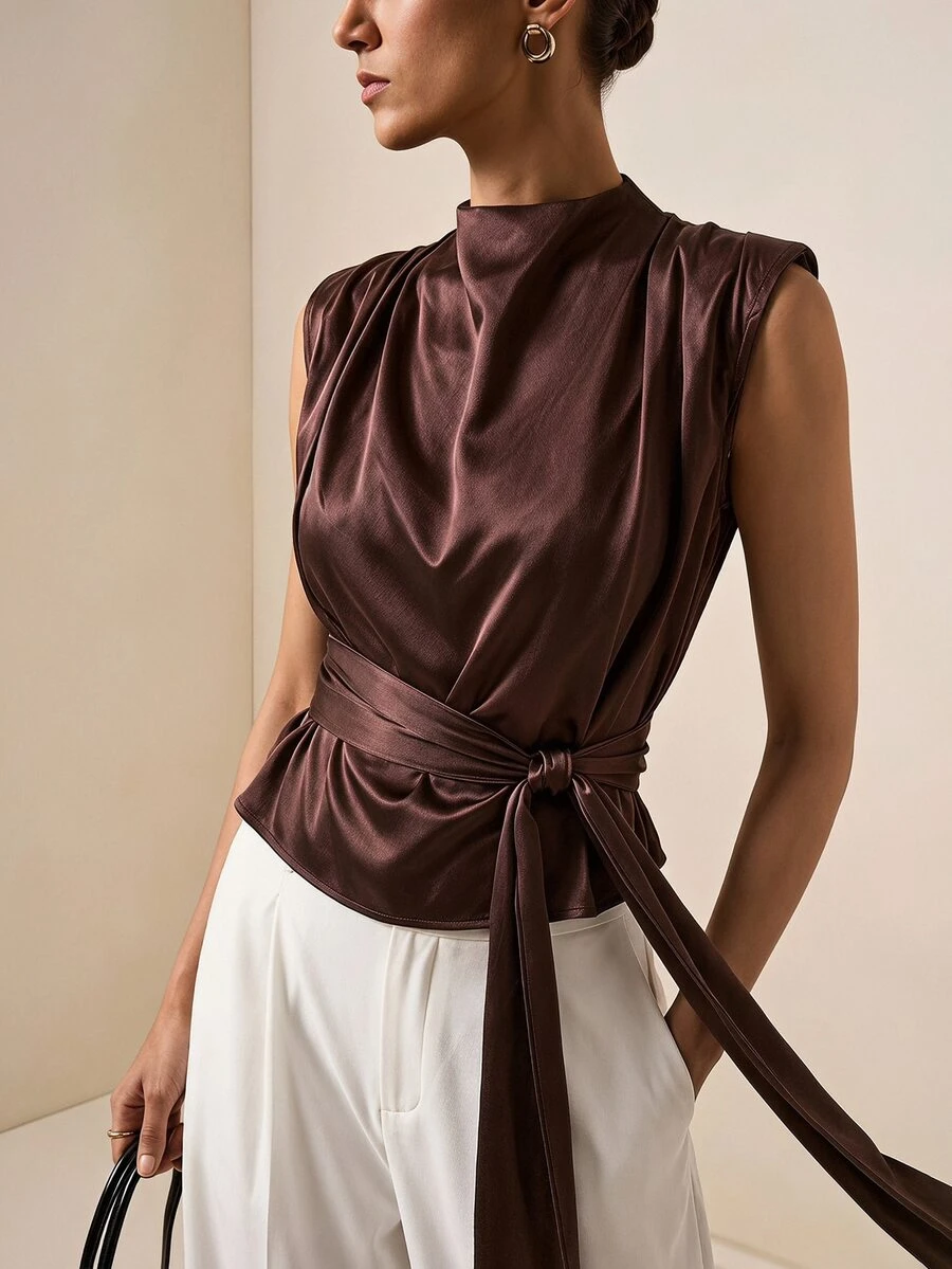 Briarwyn Vintage Coffee Color Stand Collar Pleated Sleeveless Top, Cinched Waist Draped Slimming Tank Top - Coffee Brown - View 1