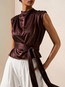 Briarwyn Vintage Coffee Color Stand Collar Pleated Sleeveless Top, Cinched Waist Draped Slimming Tank Top - Coffee Brown - View 2