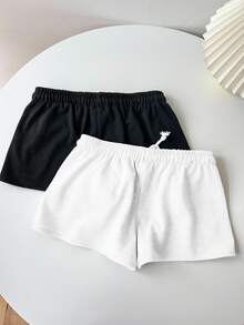 SHEIN EZwear 2pcs Women's Casual Drawstring & Elastic Waist Shorts Set, Cropped Style, Suitable For Spring And Summer 2 Pieces Sportswear - Multicolor - View 2