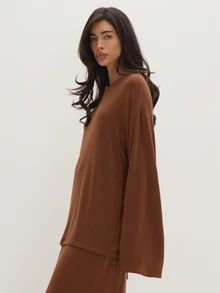 MUSEYN Brown Chocolate Loose Fit Crew Neck Long Sleeve Top Relaxed Casual Comfortable Everyday Day Out Fall - Brown - View 4