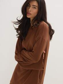 MUSEYN Brown Chocolate Loose Fit Crew Neck Long Sleeve Top Relaxed Casual Comfortable Everyday Day Out Fall - Brown - View 3