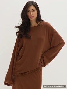 MUSEYN Brown Chocolate Loose Fit Crew Neck Long Sleeve Top Relaxed Casual Comfortable Everyday Day Out Fall - Brown - View 1