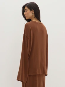 MUSEYN Brown Chocolate Loose Fit Crew Neck Long Sleeve Top Relaxed Casual Comfortable Everyday Day Out Fall - Brown - View 5