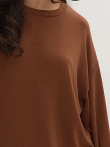 MUSEYN Brown Chocolate Loose Fit Crew Neck Long Sleeve Top Relaxed Casual Comfortable Everyday Day Out Fall - Brown - View 6
