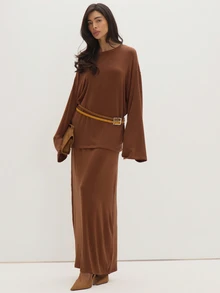 MUSEYN Brown Chocolate Loose Fit Crew Neck Long Sleeve Top Relaxed Casual Comfortable Everyday Day Out Fall - Brown - View 2