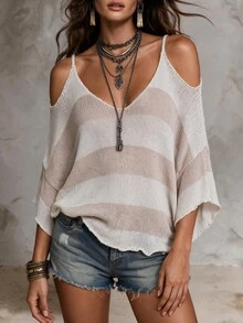 Solivie Women's Colorblock Open Shoulder Casual Daily Knit Top - Khaki - View 6