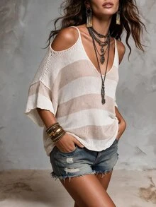 Solivie Women's Colorblock Open Shoulder Casual Daily Knit Top - Khaki - View 3