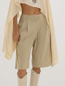 MUSEYN Beige Woven Pleated Long Tailored Shorts Structured Polished Crisp Weekend Vacation Fall - Light Grey - View 5