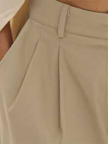 MUSEYN Beige Woven Pleated Long Tailored Shorts Structured Polished Crisp Weekend Vacation Fall - Light Grey - View 6