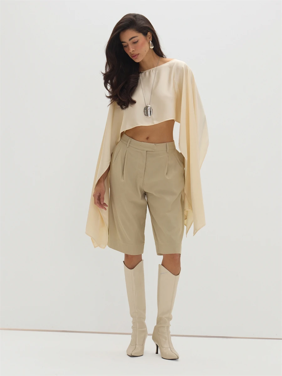 MUSEYN Beige Woven Pleated Long Tailored Shorts Structured Polished Crisp Weekend Vacation Fall - Light Grey - View 1