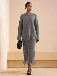 Zivah 2 件套女士羊毛针织套装，流苏毛衣和修身裙，韩版风格 - 灰色 - 查看 6