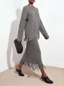 Zivah 2 件套女士羊毛针织套装，流苏毛衣和修身裙，韩版风格 - 灰色 - 查看 3