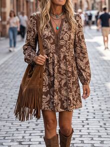 SHEIN LilyWest Vestido de mujer nuevo de otoño/invierno con estampado y ribete de encaje - Marrón - Ver 1