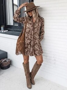 SHEIN LilyWest Vestido de mujer nuevo de otoño/invierno con estampado y ribete de encaje - Marrón - Ver 6
