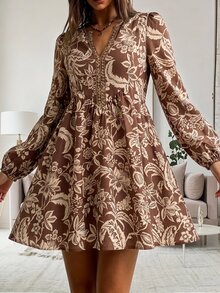 SHEIN LilyWest Vestido de mujer nuevo de otoño/invierno con estampado y ribete de encaje - Marrón - Ver 8