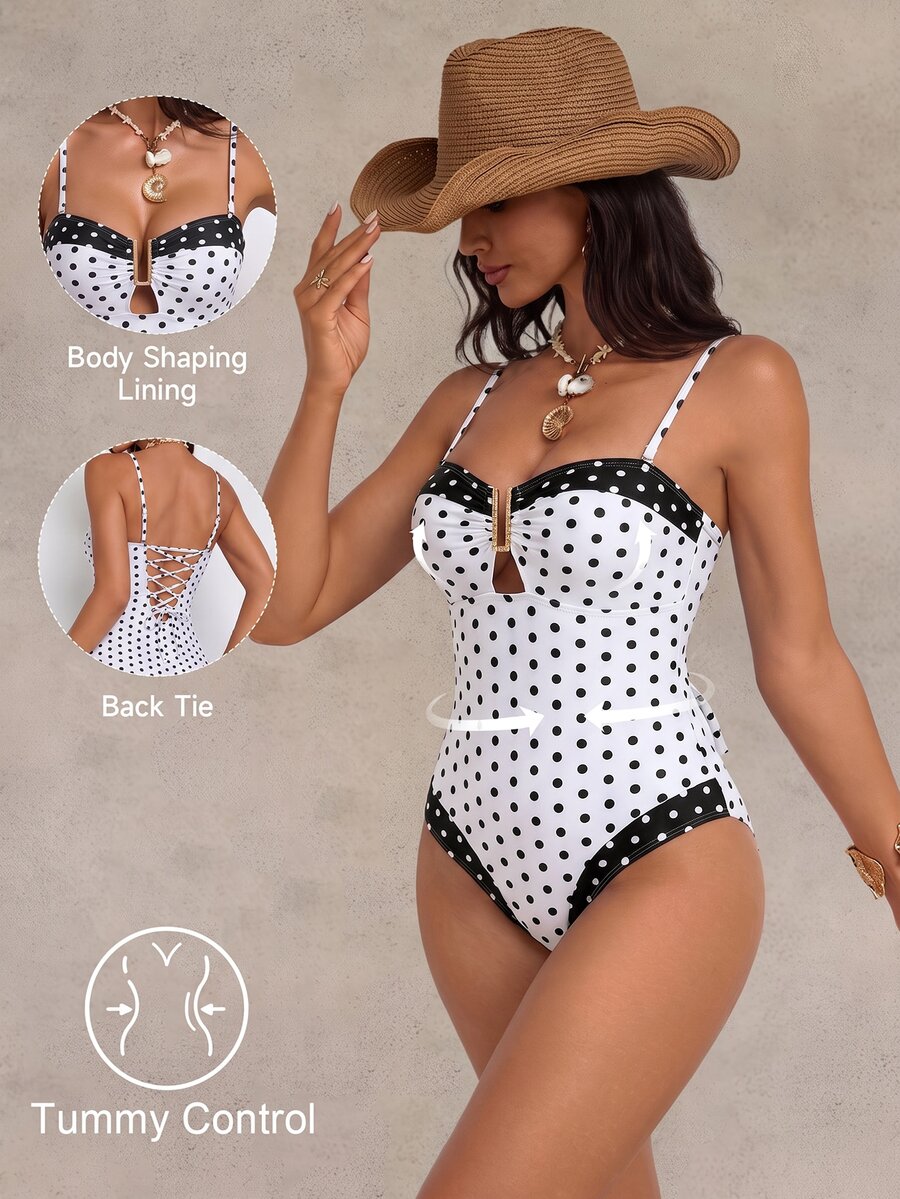 Shapewave Women's One-Piece Black And White Polka Dot Drawstring Tie Back Tummy Control Push-Up Bodysuit Swimsuit, Elegant Vintage Sexy Casual Vacation Beach - Black and White - View 1