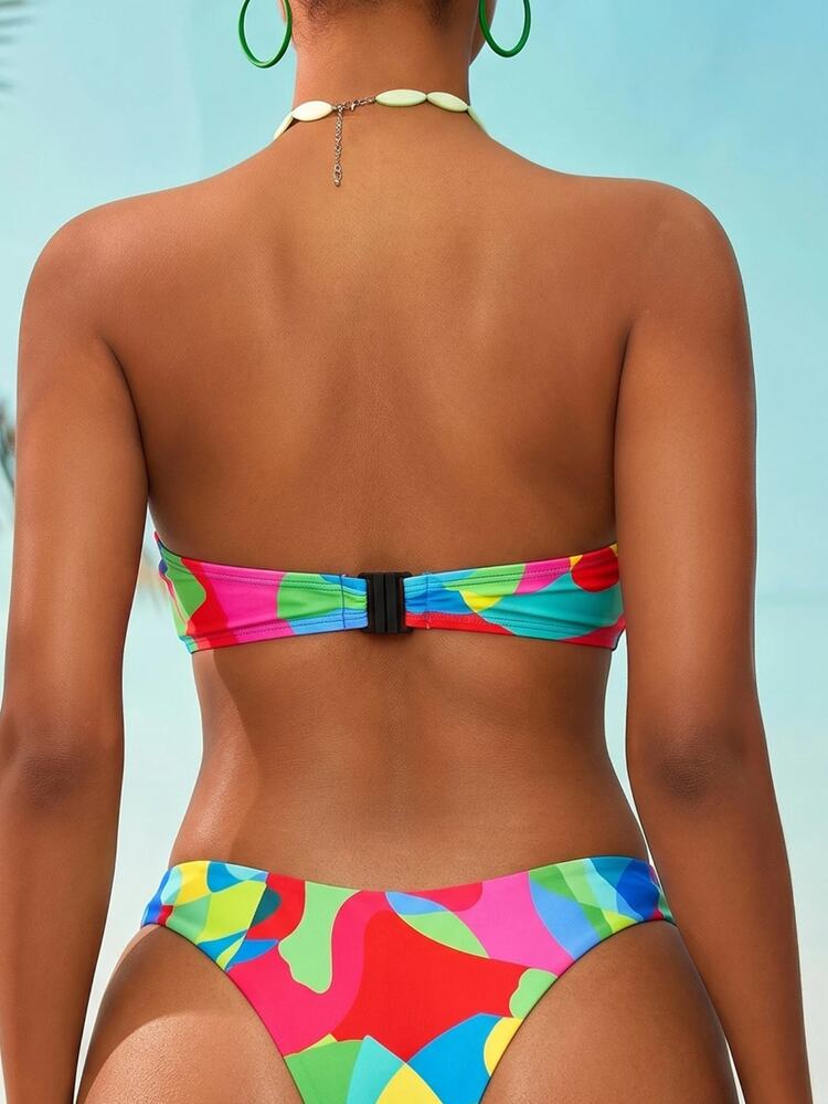 Swim Vcay Women's Summer Beach Vacation Geometric Print Bandeau Tropical Bikini Swimwear Set Holiday Pink - Watermelon Pink - View 2