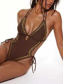 Oceva Women's Vacation Studded Design Side Tie Sexy Halter One-Piece Swimsuit Beach Club Party Dark Brown Summer - Brown - View 3