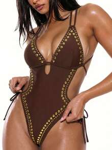 Oceva Women's Vacation Studded Design Side Tie Sexy Halter One-Piece Swimsuit Beach Club Party Dark Brown Summer - Brown - View 1