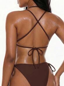 Oceva Women's Vacation Studded Design Side Tie Sexy Halter One-Piece Swimsuit Beach Club Party Dark Brown Summer - Brown - View 2