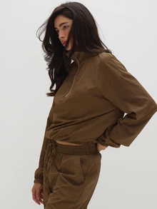 MUSEYN Brown Chocolate Half Zip Pull Over High Neck Jacket Elegant Modest Sophisticated Everyday Casual Fall New Season Capsule Wardrobe - Brown - View 3