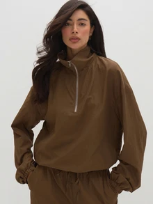 MUSEYN Brown Chocolate Half Zip Pull Over High Neck Jacket Elegant Modest Sophisticated Everyday Casual Fall New Season Capsule Wardrobe - Brown - View 2