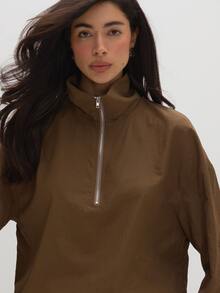 MUSEYN Brown Chocolate Half Zip Pull Over High Neck Jacket Elegant Modest Sophisticated Everyday Casual Fall New Season Capsule Wardrobe - Brown - View 5